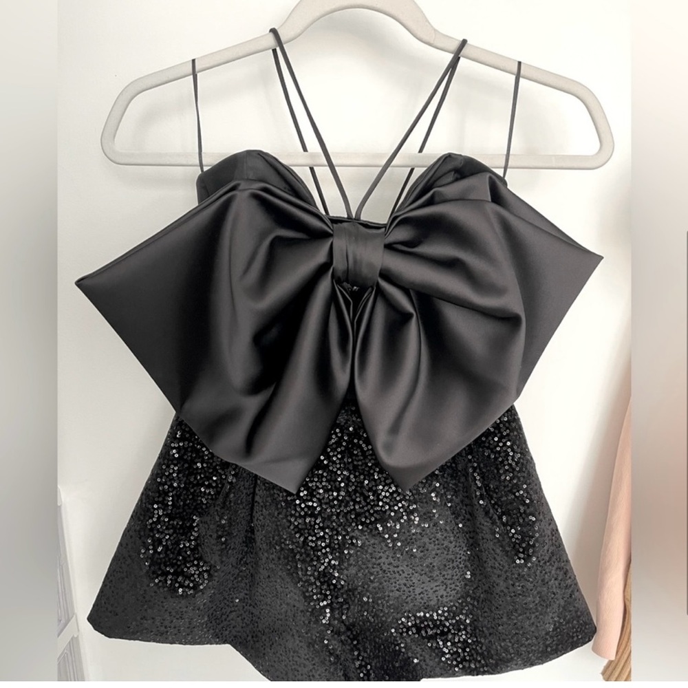 ZARA NEW BLACK SEQUIN PLAYSUIT ROMPER JUMPSUIT OVERALL WITH BOW. SIZE M